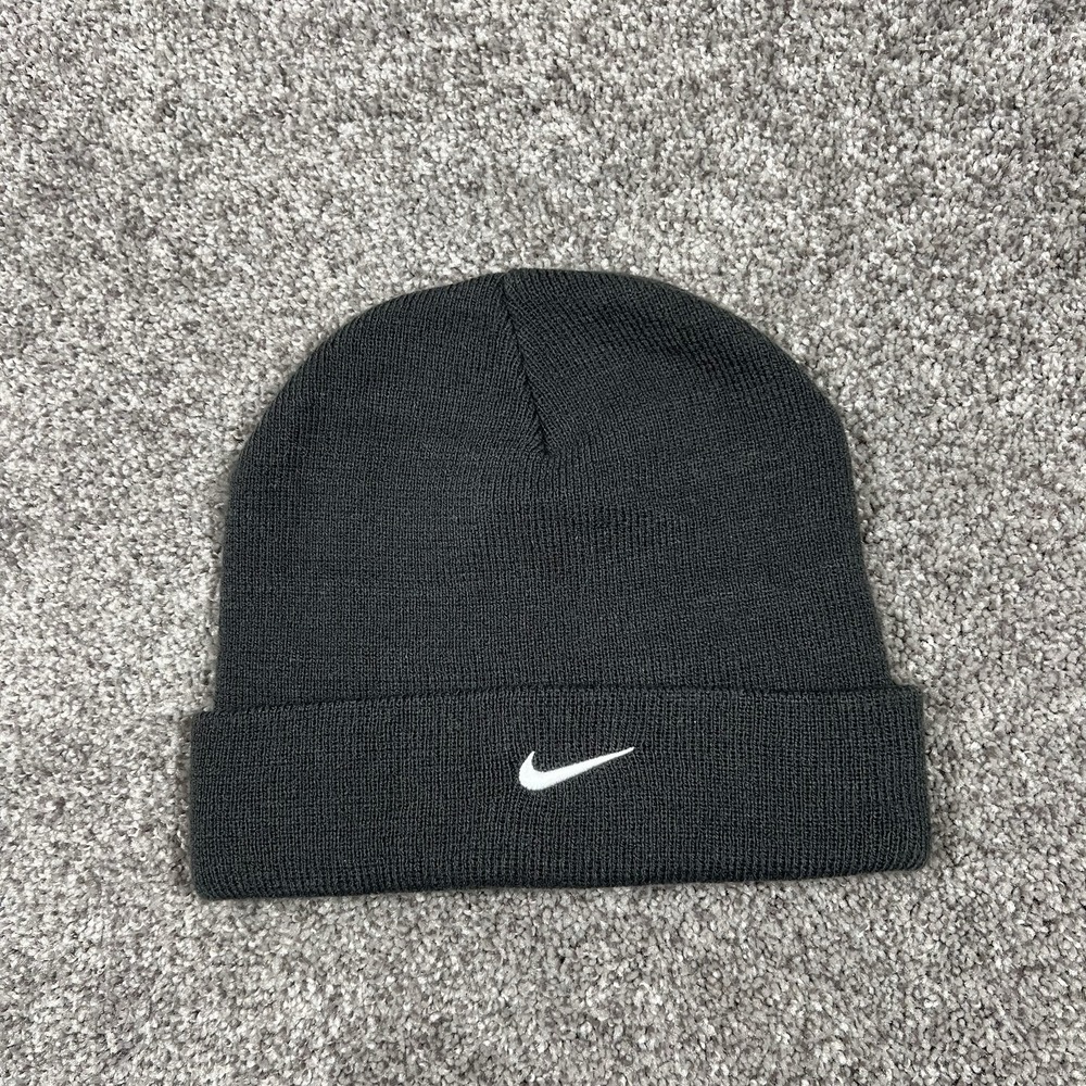 Vintage Nike Hat Cap Beanie Mens Knit Dark Grey Check Swoosh USA 90s Anthracite